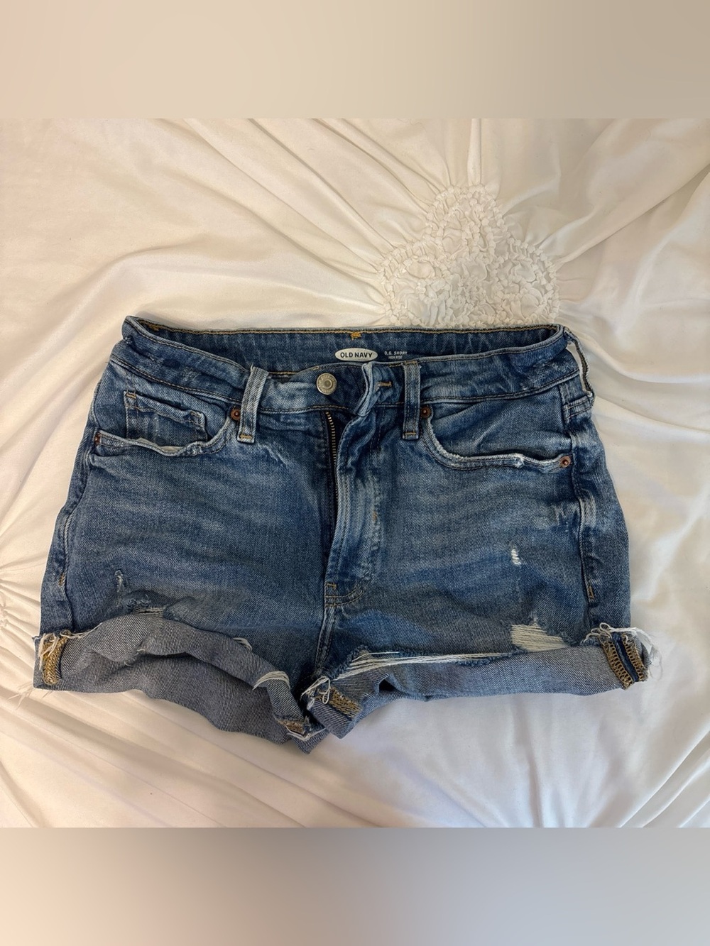 Old Navy Mid Blue Distressed Rolled Hem Jean Shorts